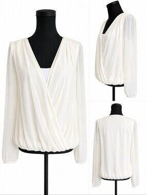 Women's Blouse, Off-White, V-neck, Sheer with Built in undershirt